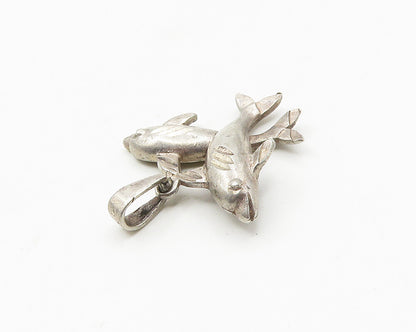 925 Sterling Silver  Vintage Diamond Cut Detail Dolphins Pendant  PT14790