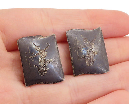 SIAM 925 Sterling Silver  Vintage Niello Dancer Non Pierce Earrings  EG2893