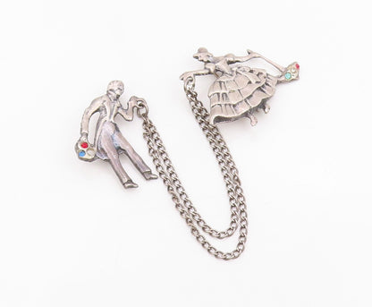 925 Sterling Silver Vintage Tie Pin Chained Dancing Carved CZ Couple  TR3865
