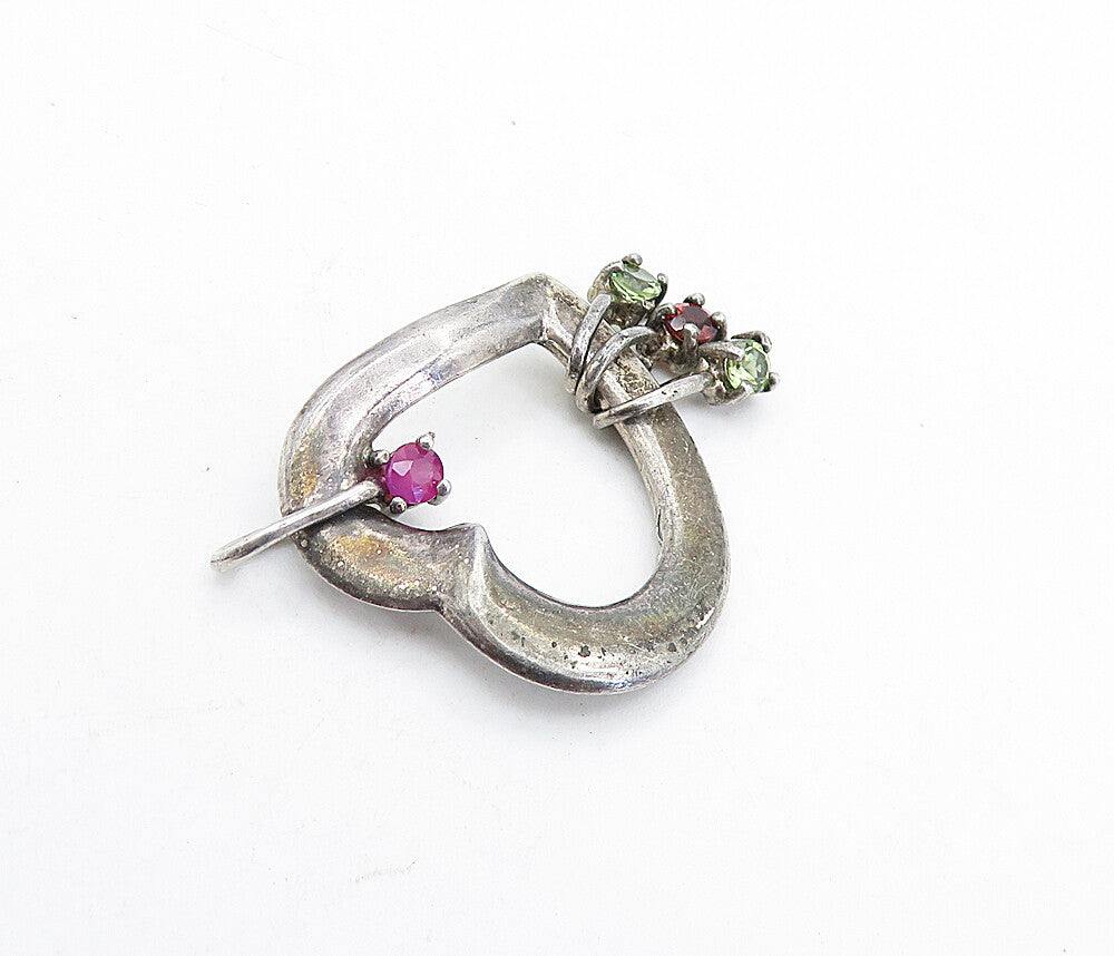 LENOX 925 Sterling Silver Vintage Peridot & Pink Topaz Heart Pendant PT4895