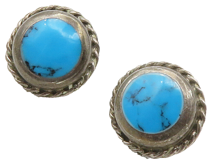 MEXICO 925 Sterling Silver  Vintage Turquoise Button Drop Earrings  EG7906