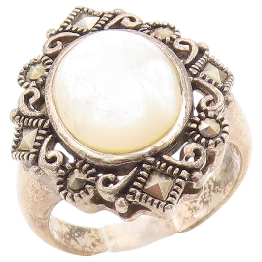 925 Sterling Silver Vintage Ring Oval Moonstone & Marcasite Band  Sz 9  RG36453