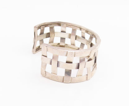 925 Sterling Silver Vintage Bracelet Modernist Basketweave Wide Cuff  BT11942
