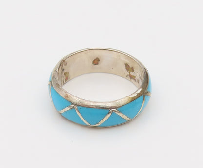 SOUTHWESTERN 925 Silver Vintage Blue Enamel Inlay Triangle Ring Sz 7 RG26698