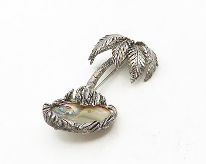 925 Sterling Silver  Vintage Abalone Shell Palm Tree Island Brooch Pin  BP4079