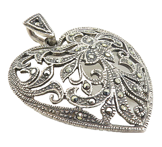 925 Sterling Silver  Vintage Marcasite Open Floral Love Heart Pendant  PT6462