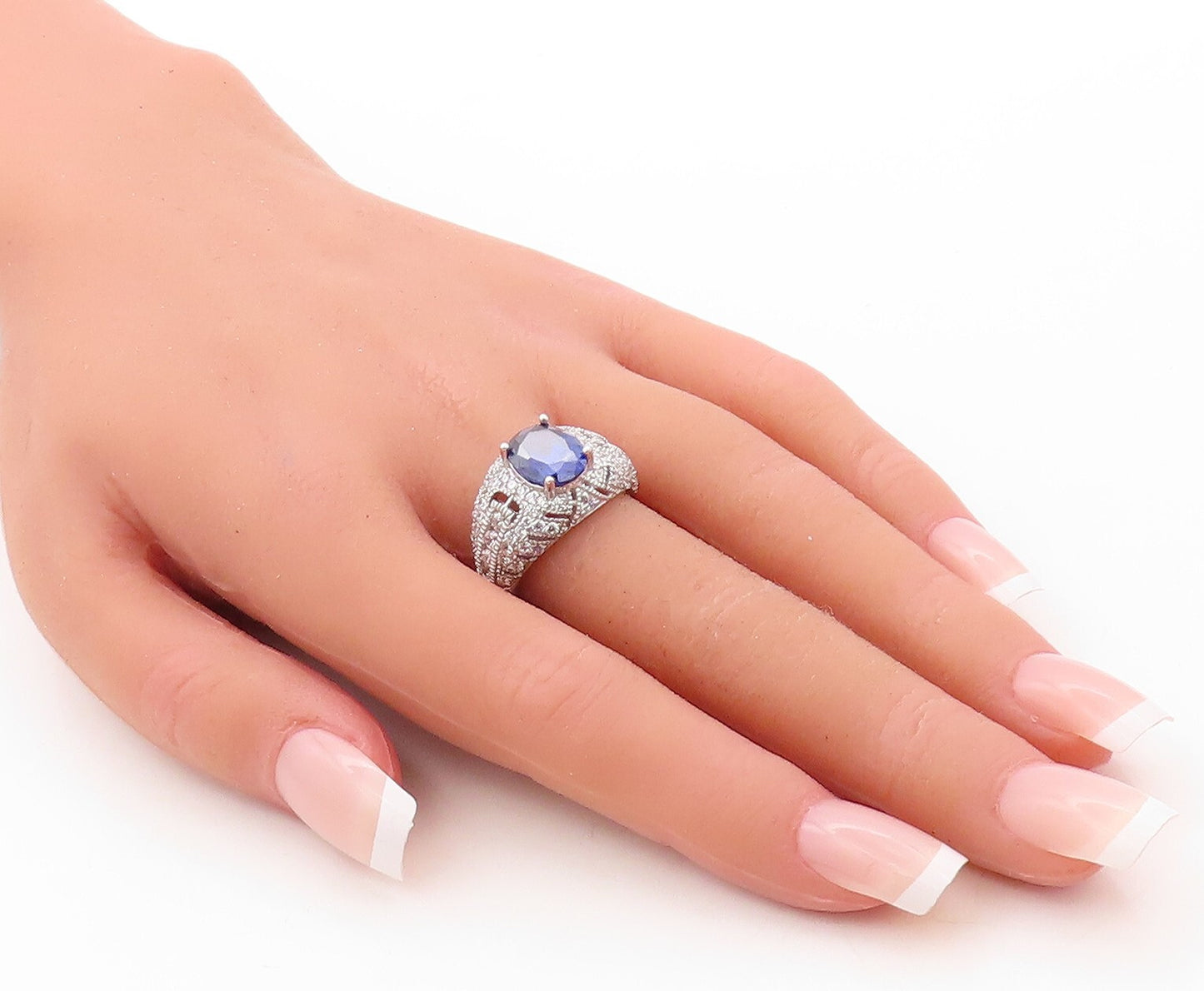 925 Sterling Silver Vintage Ring Designer Cutout Sapphire & CZ   Sz 7.5  RG30915