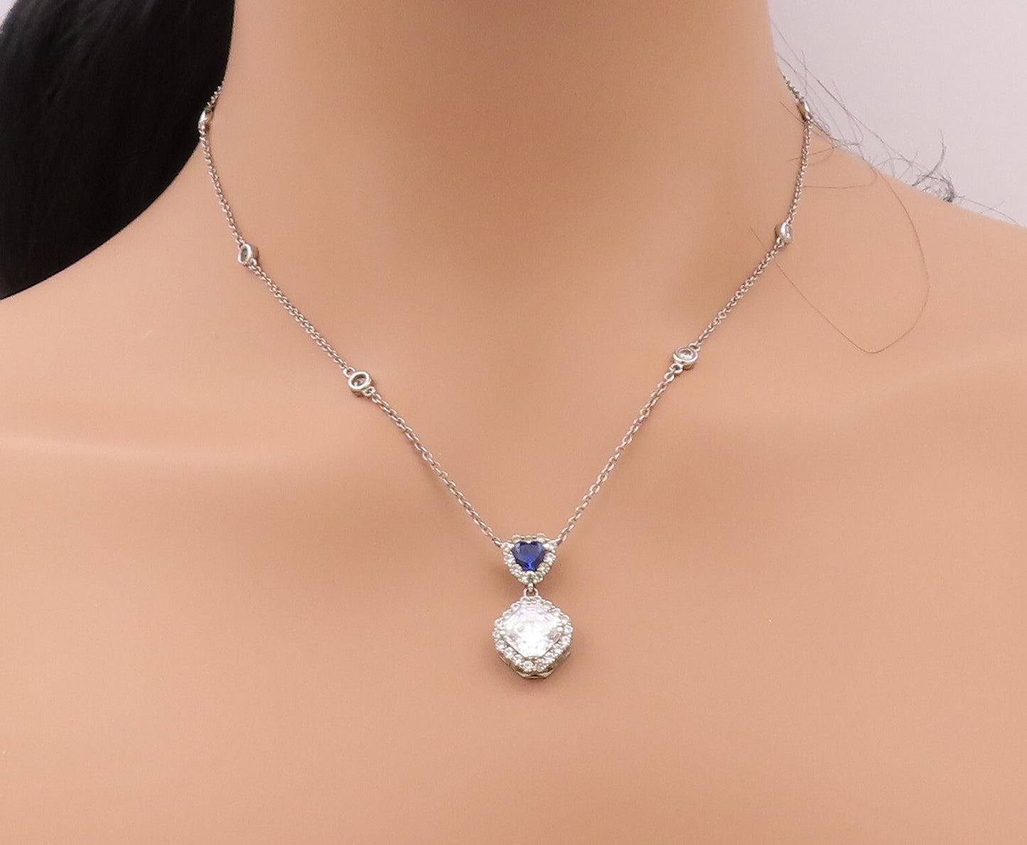 925 Sterling Silver Vintage Necklace Square Topaz & Triangle Sapphire  NE4378