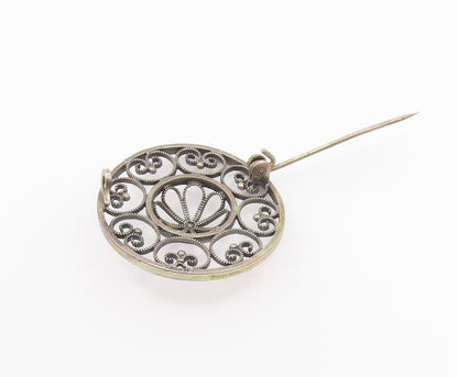NORWAY 925 Silver  Vintage Round Pretzel Twist & Flower Dome Brooch Pin BP9601