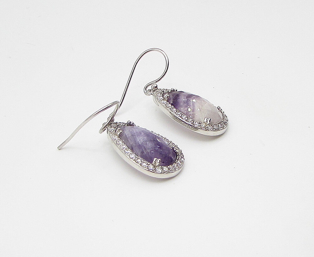 925 Sterling Silver  Blue Lace Agate & Cubic Zirconia Dangle Earrings  EG1460