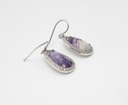 925 Sterling Silver  Blue Lace Agate & Cubic Zirconia Dangle Earrings  EG1460