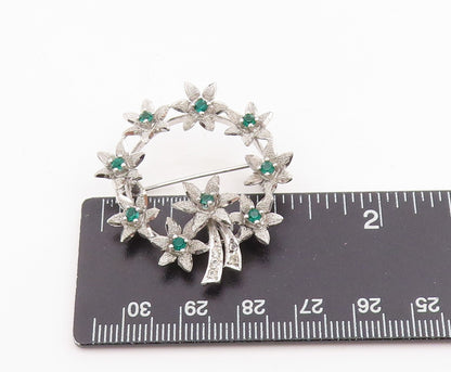 925 Sterling Silver Vintage Brooch Emerald & CZ Floral Garland Design  BP11996