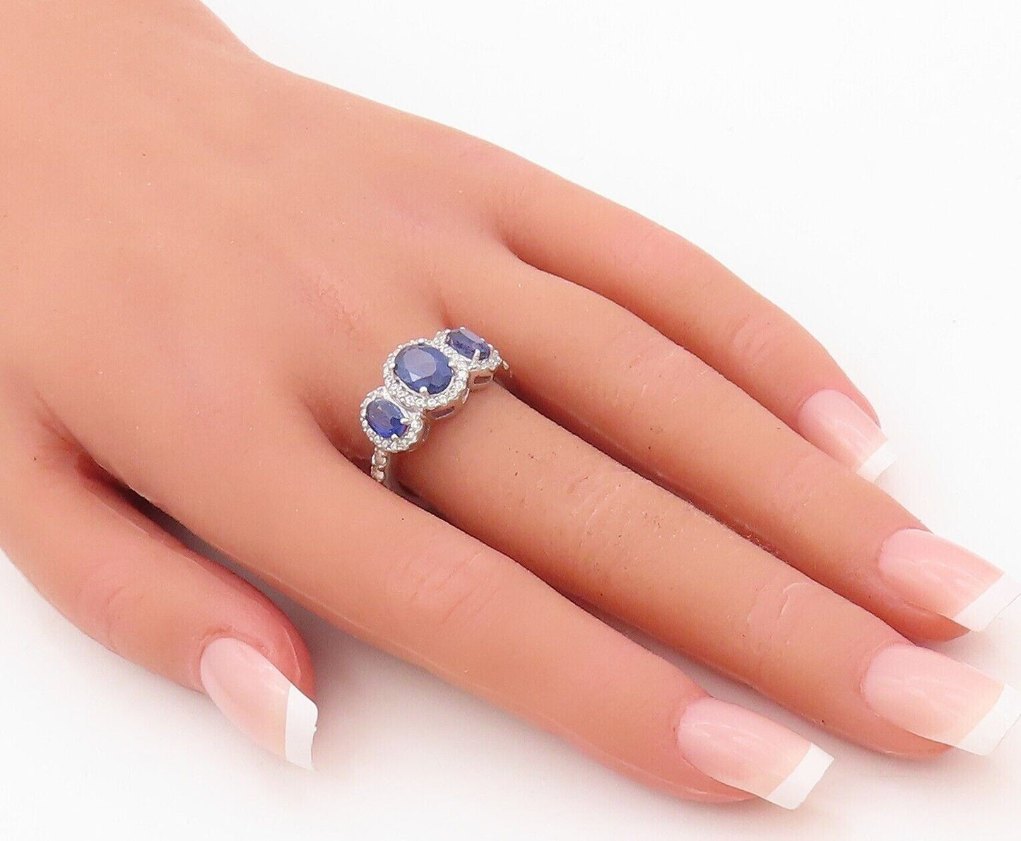 925 Sterling Silver Vintage Ring Oval Cut Sapphire Halo Topaz  Sz 7.5  RG30438