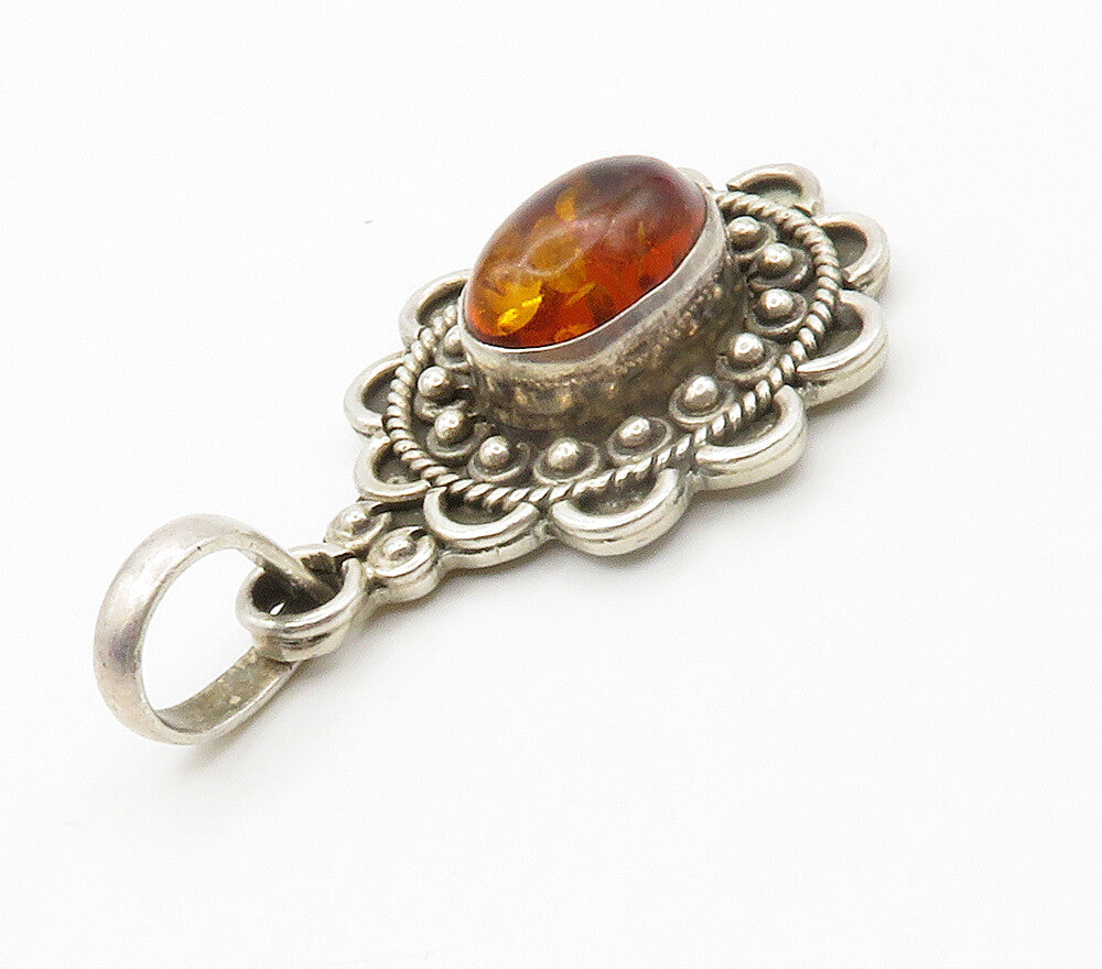 925 Sterling Silver  Vintage Cabochon Cut Amber Floral Swirl Pendant  PT11703
