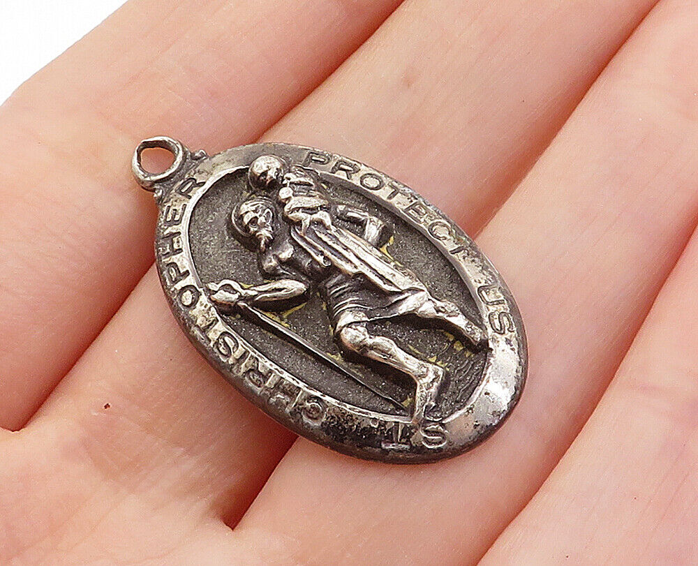 CREED 925 Silver  Vintage Antique Saint Christopher Prayer Pendant  PT4497