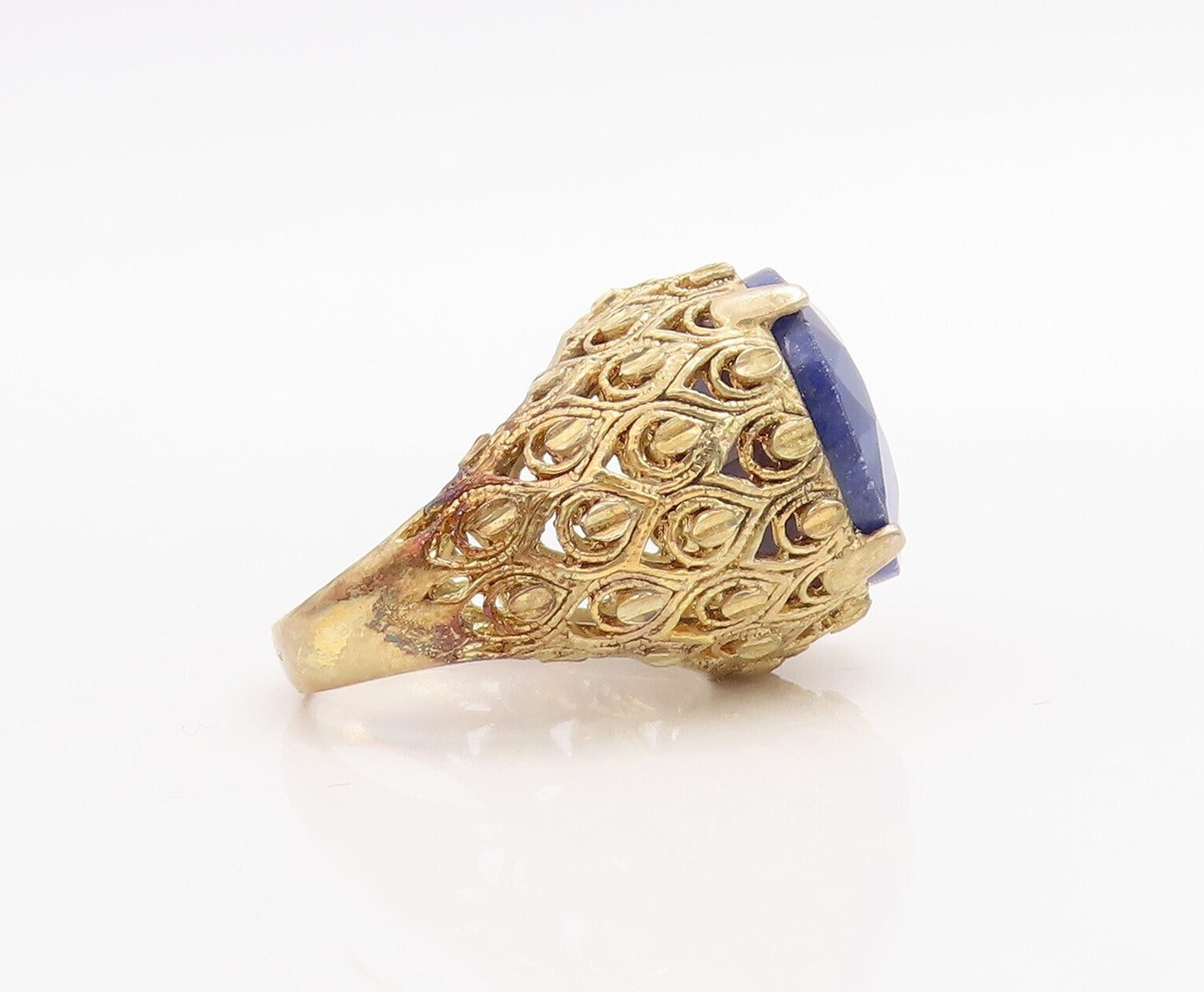 925 Sterling Silver Vintage Ring Gold Plated Carved Gemstones  Sz 7  RG30960