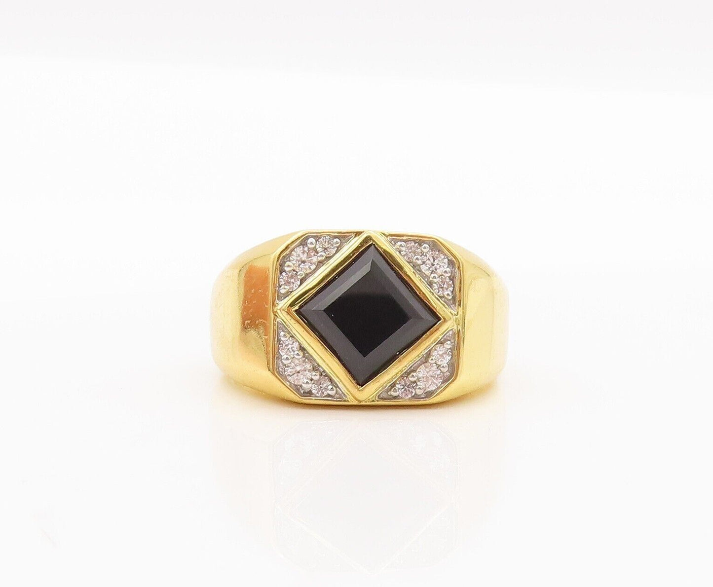 925 Sterling Silver Vintage Ring Gold Plated Square Onyx & CZ  Sz 10  RG28477