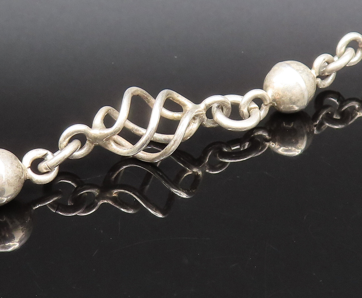 MEXICO 925 Sterling Silver Vintage Bead Ball & Spiral Wire Necklace  NE4022