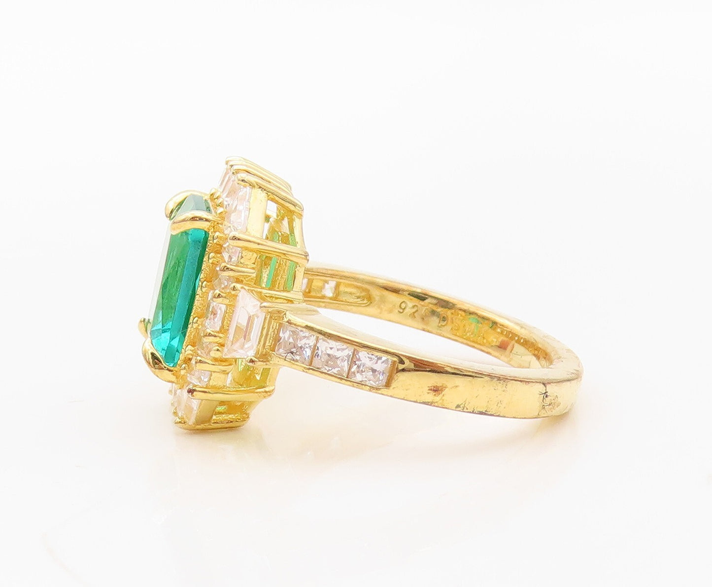 925 Sterling Silver Vintage Ring Gold Plated Sea Green & White CZ Sz 7.5 RG30245