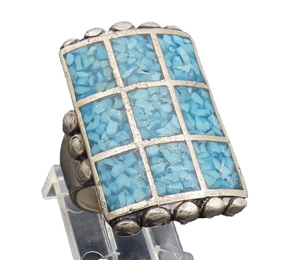 NAVAJO ZUNI 925 Sterling Silver Vintage Crushed Turquoise Ring Sz 7.75  RG26848