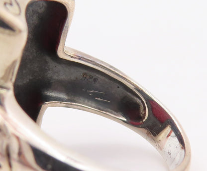 925 Sterling Silver Vintage Ring Red Gemstone Floral Fame Carved  Sz 8  RG30765