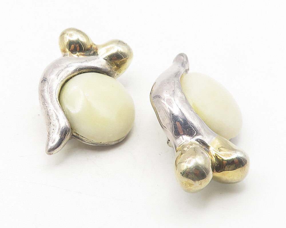 925 Sterling Silver  Vintage Agate Modernist 2 Tone Non Pierce Earrings EG6015