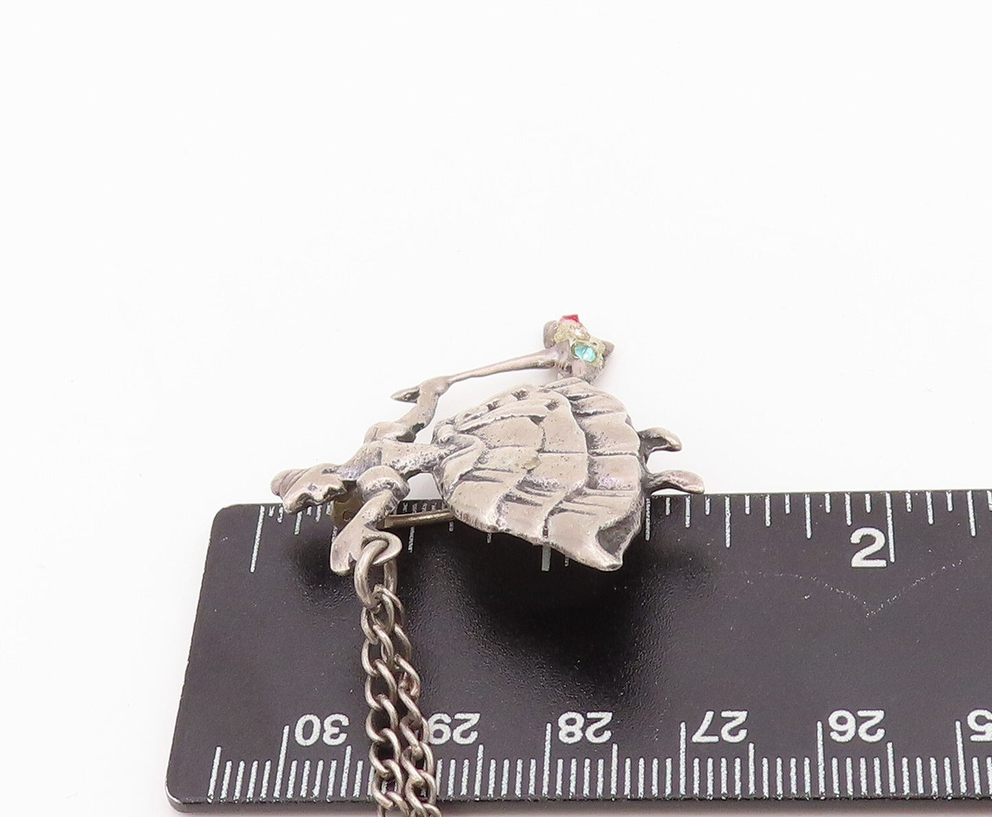 925 Sterling Silver Vintage Tie Pin Chained Dancing Carved CZ Couple  TR3865