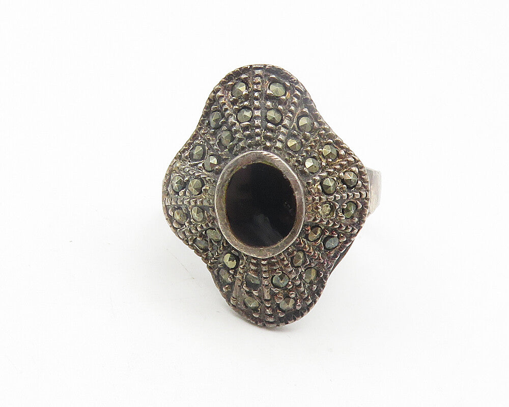 925 Sterling Silver  Vintage Victorian Black Onyx Cocktail Ring Sz 7  RG11205