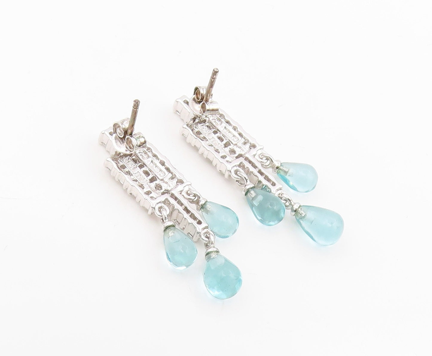 925 Sterling Silver Vintage Earrings Aquamarine & CZ Pave Classic Drop  EG14164