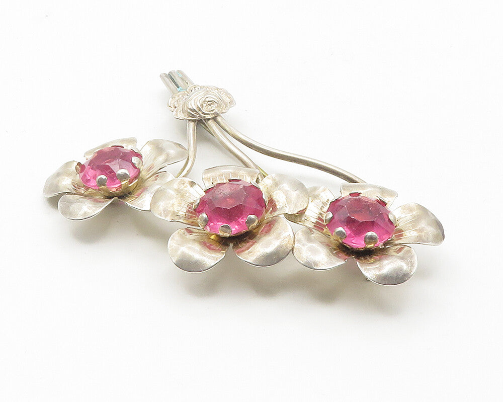 925 Sterling Silver  Vintage Pink Topaz Flower Bunch Motif Brooch Pin  BP4311