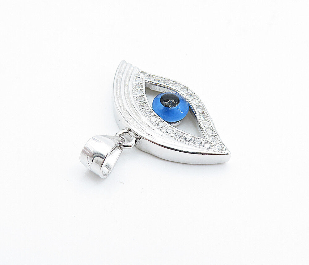 925 Sterling Silver  Sparkling Topaz Open Evil Eye Shiny Drop Pendant  PT5701