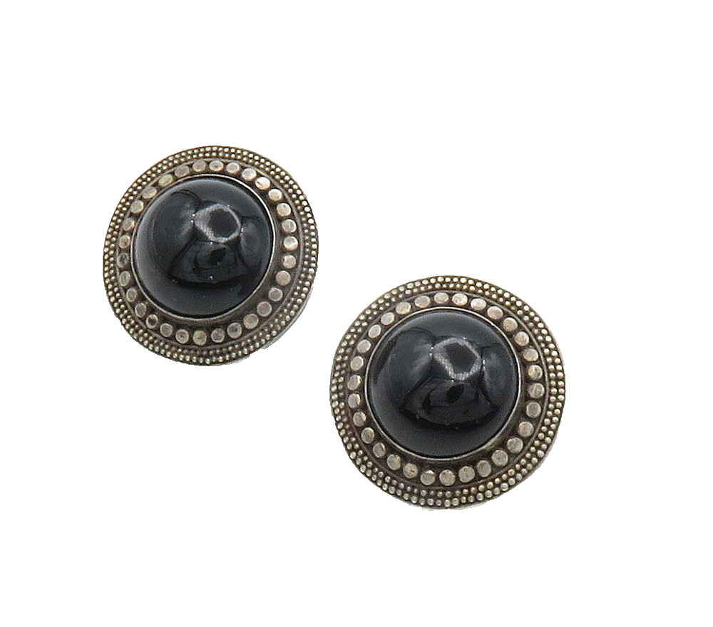 925 Sterling Silver  Vintage Cabochon Cut Black Onyx Drop Earrings  EG7497
