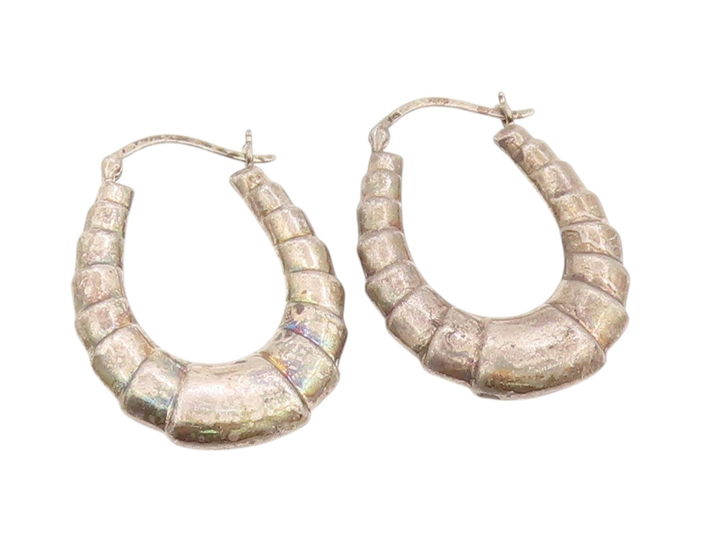 925 Sterling Silver Vintage Earrings Solid Ribbed Statement Design Hoops EG13689