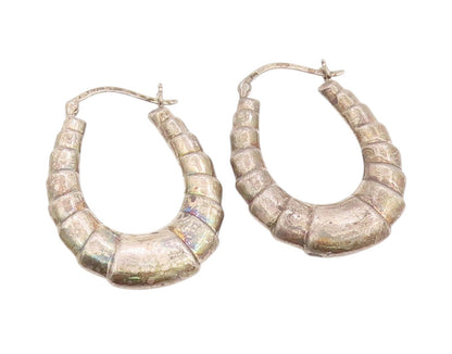925 Sterling Silver Vintage Earrings Solid Ribbed Statement Design Hoops EG13689