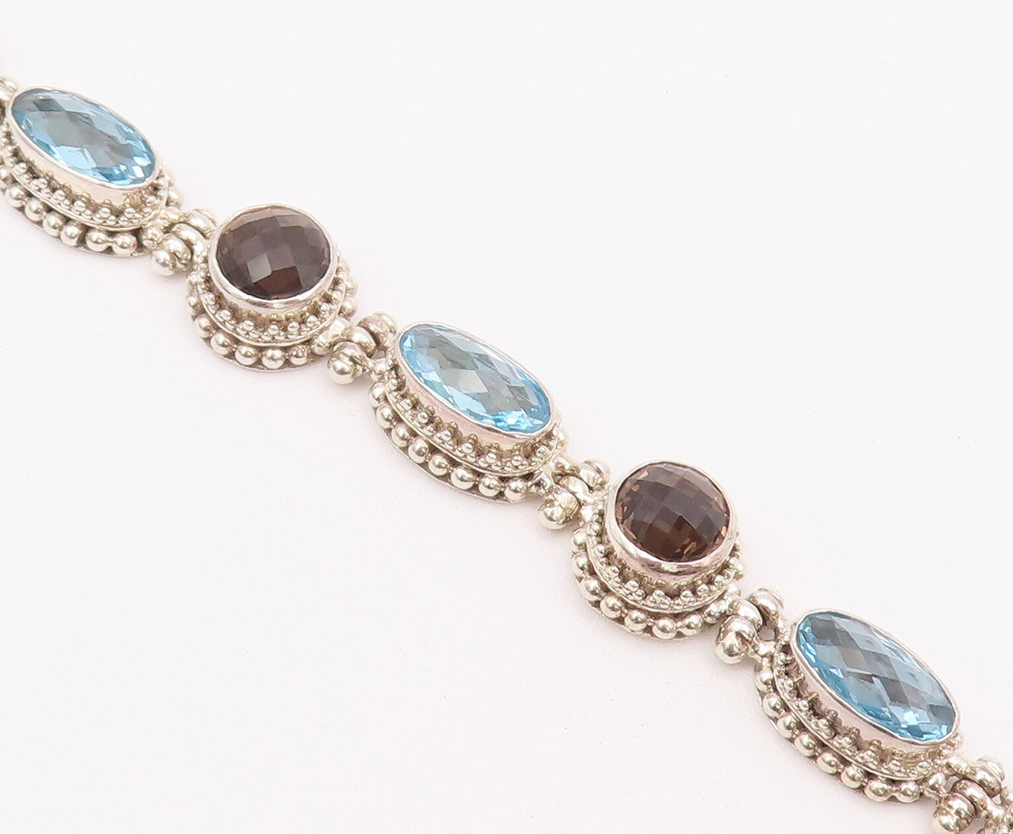 925 Sterling Silver Vintage Bracelet BALI Carved Beaded Two Tone Topaz  BT10397