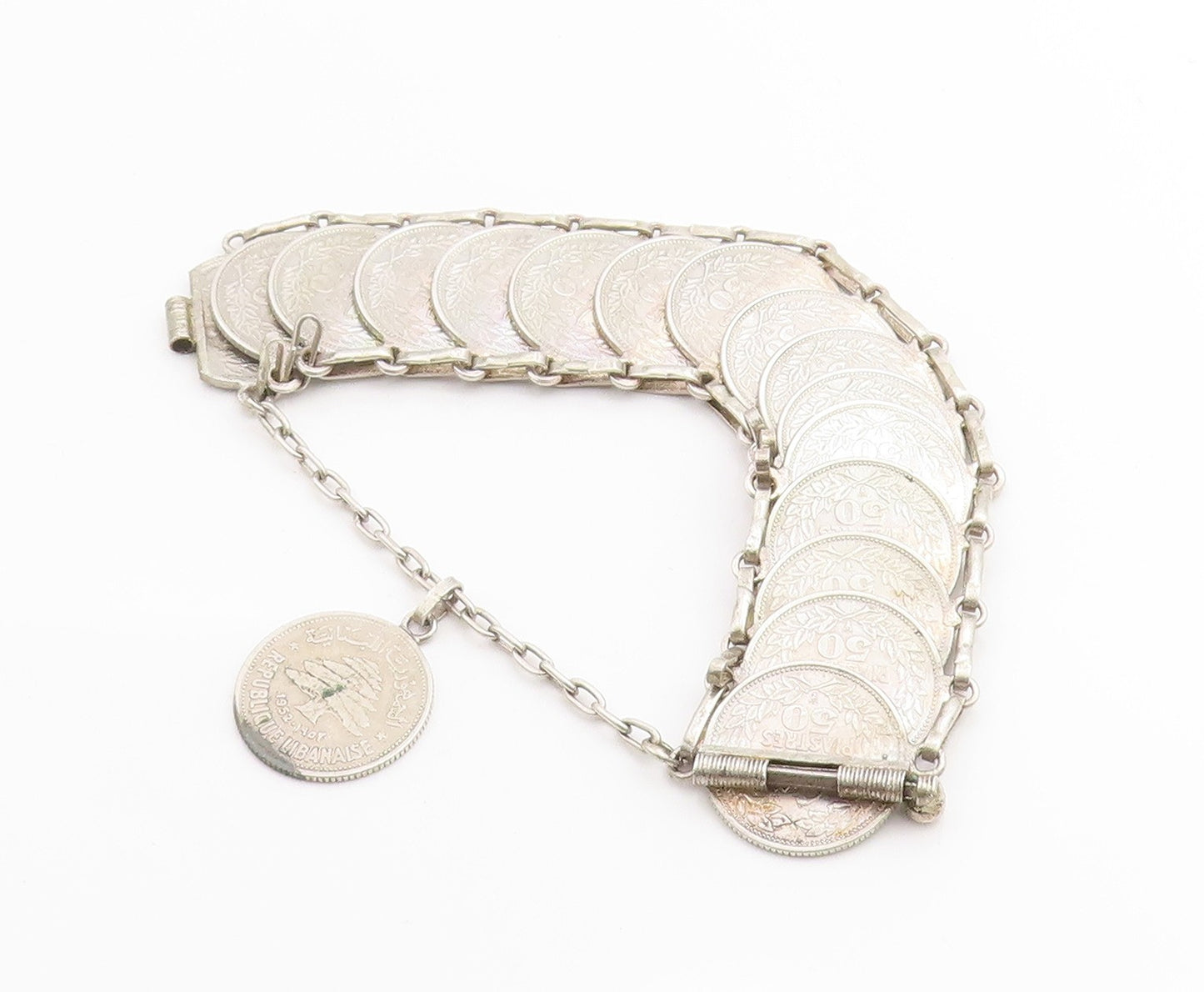 925 Sterling Silver Vintage Bracelet Lebanese Lira Coins Charm Chain  BT11420