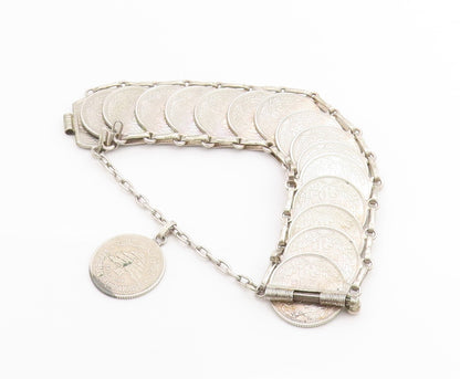 925 Sterling Silver Vintage Bracelet Lebanese Lira Coins Charm Chain  BT11420