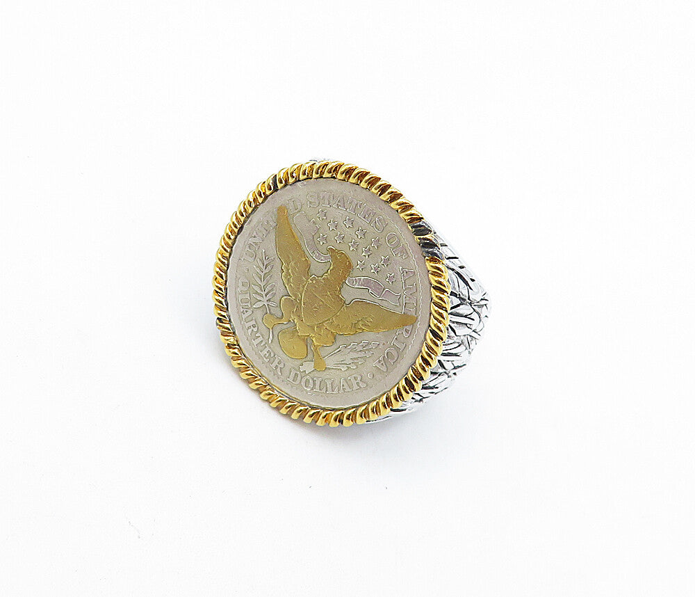 925 Sterling Silver Two Tone U.S Quarter Coin Cocktail Ring Sz 8.5 RG5933