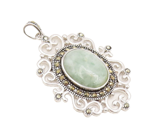 925 Silver  Vintage Turquoise Halo Marcasite Swirly Carved Pendant  PT22423
