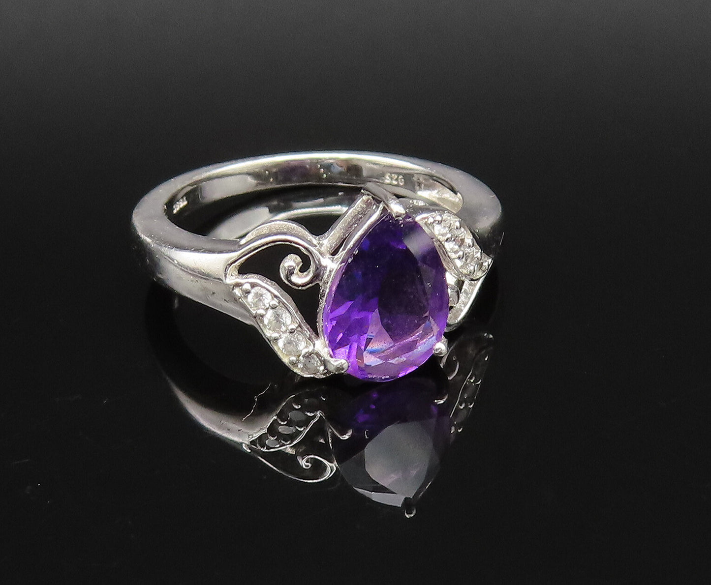 925 Silver  Vintage Elegant Amethyst & Topaz Open Swirl Ring Sz 7.5  RG25700