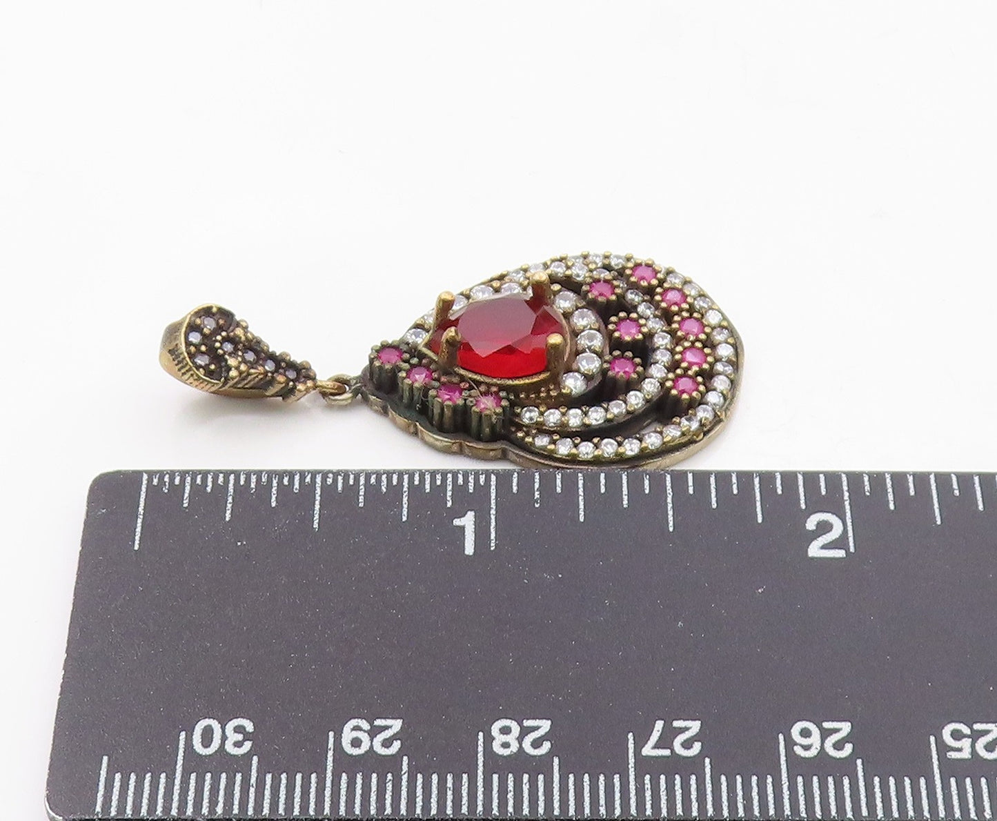 925 Sterling Silver  Vintage Red Topaz Cubic Zirconia & Ruby Pendant  PT6287
