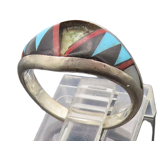 ZUNI NAVAJO 925 Silver  Vintage Multi Color Triangle Inlay Ring Sz 6  RG27137