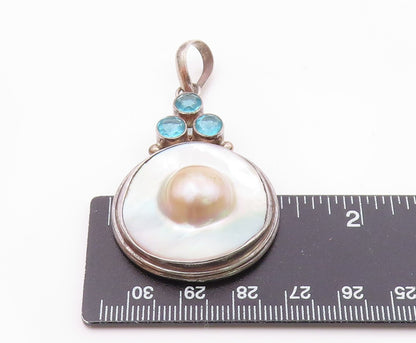 925 Sterling Silver  Vintage Mother Of Pearl & Blue Topaz Pendant  PT17019