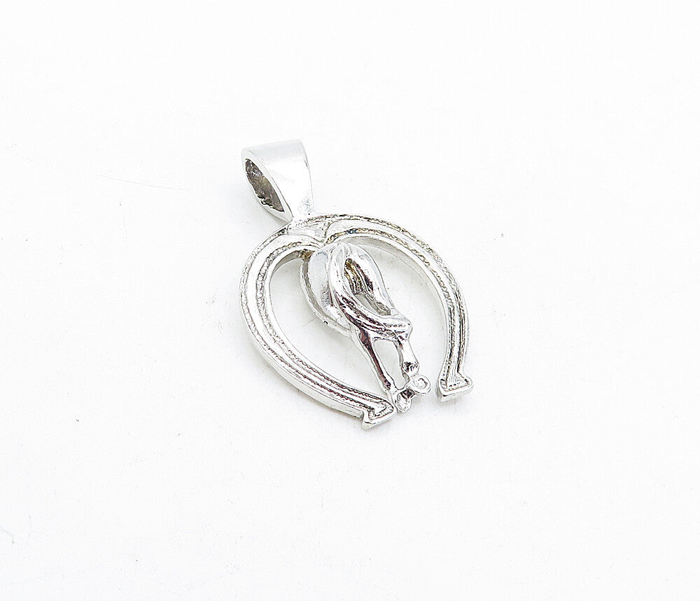 925 Sterling Silver  Vintage Shiny Etched Horse Shoe & Tail Pendant  PT3646