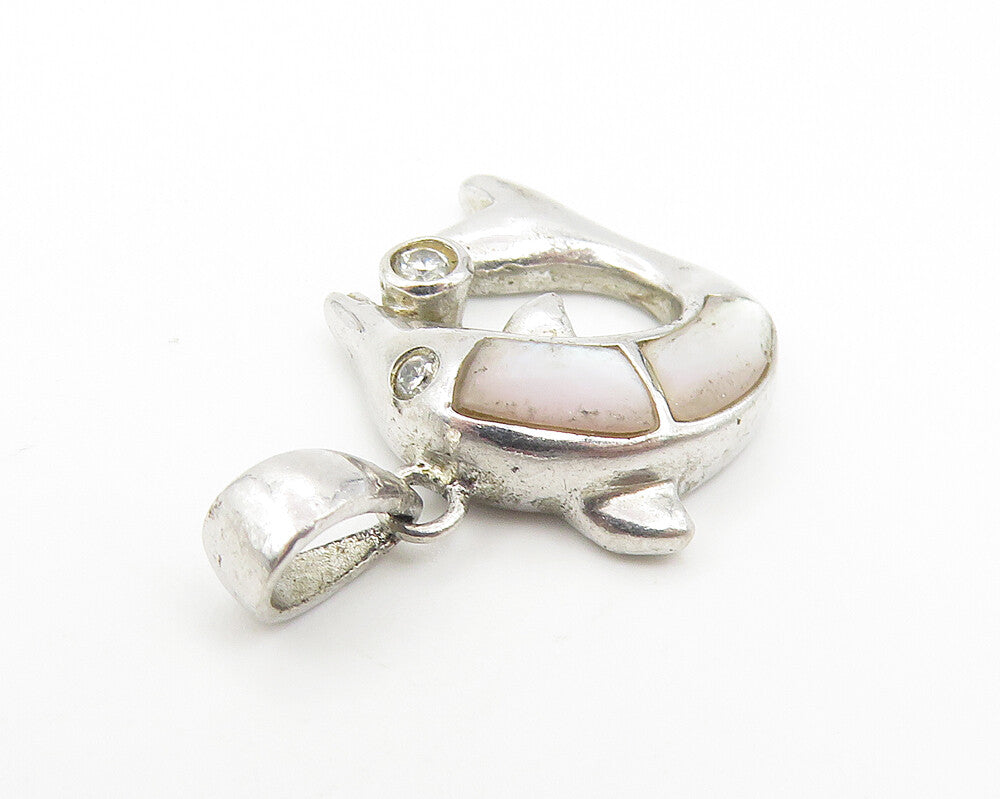 925 Sterling Silver  Vintage Mother Of Pearl & Topaz Dolphin Pendant  PT9171
