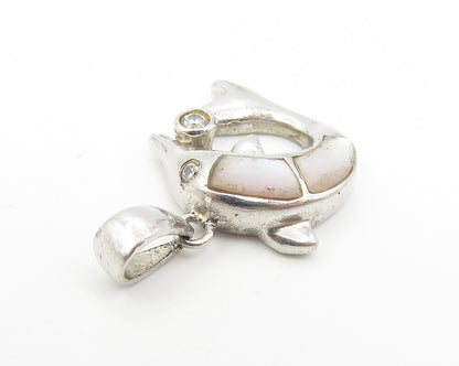 925 Sterling Silver  Vintage Mother Of Pearl & Topaz Dolphin Pendant  PT9171