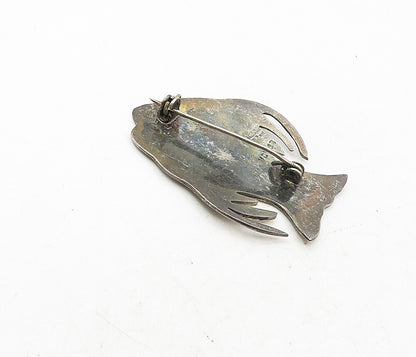 MEXICO 925 Sterling Silver  Vintage Abalone Mosaic Fish Brooch Pin  BP3388