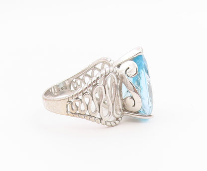 925 Sterling Silver Vintage Ring Pear Cut Blue Topaz Openwork Band Sz 11 RG36439