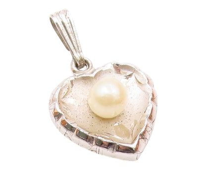 925 Sterling Silver  Vintage Cultured Pearl Concave Love Heart Pendant PT21154