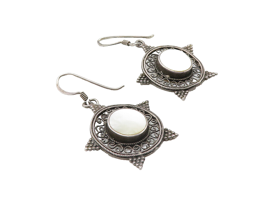 925 Sterling Silver  Vintage Mother Of Pearl Dark Tone Dangle Earrings  EG6295